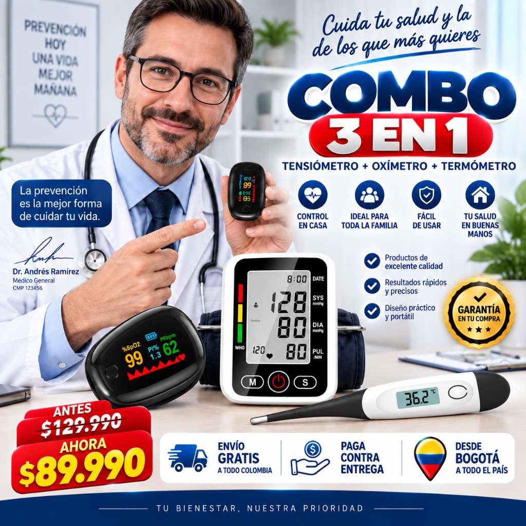 COMBO FAMILIAR (TENSIOMETRO + OXIMETRO + TERMOMETRO)