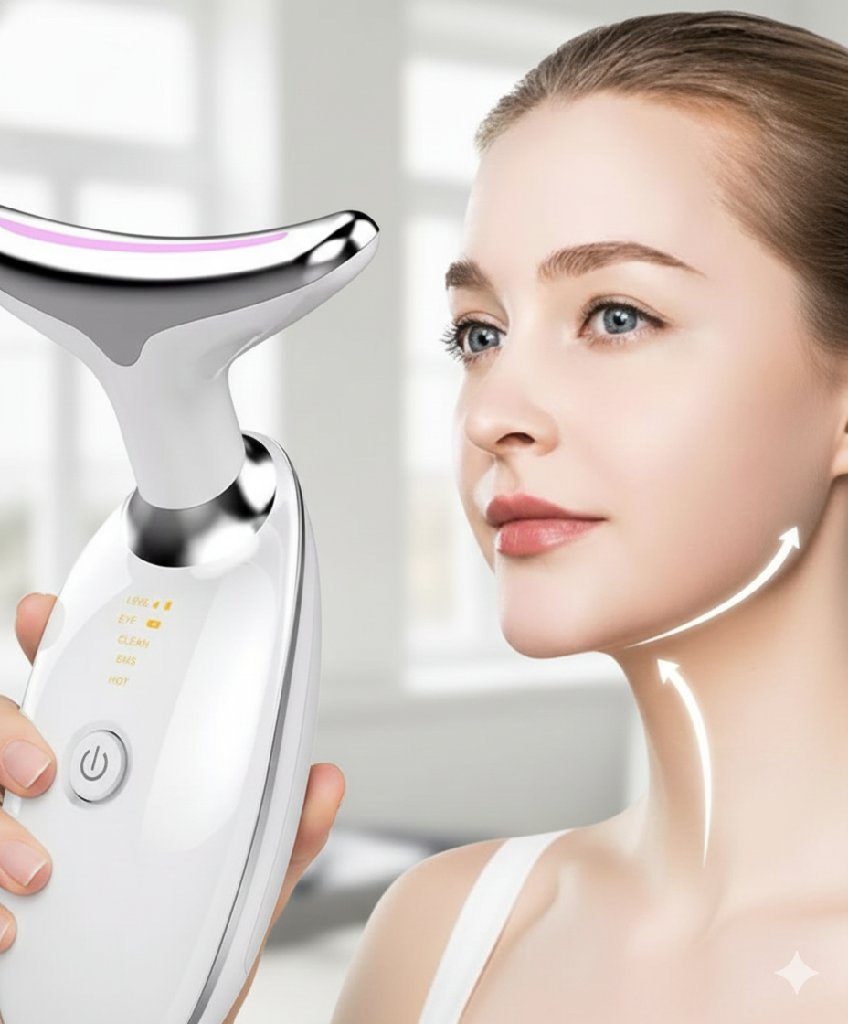 Masajeador Facial y Cuello Ultrasónico | Dispositivo Reafirmante Anti-Edad con Terapia de Luz LED y Calor (HOT) | Tres Modos de Cuidado de la Piel | Mejora la Absorción de Cremas.