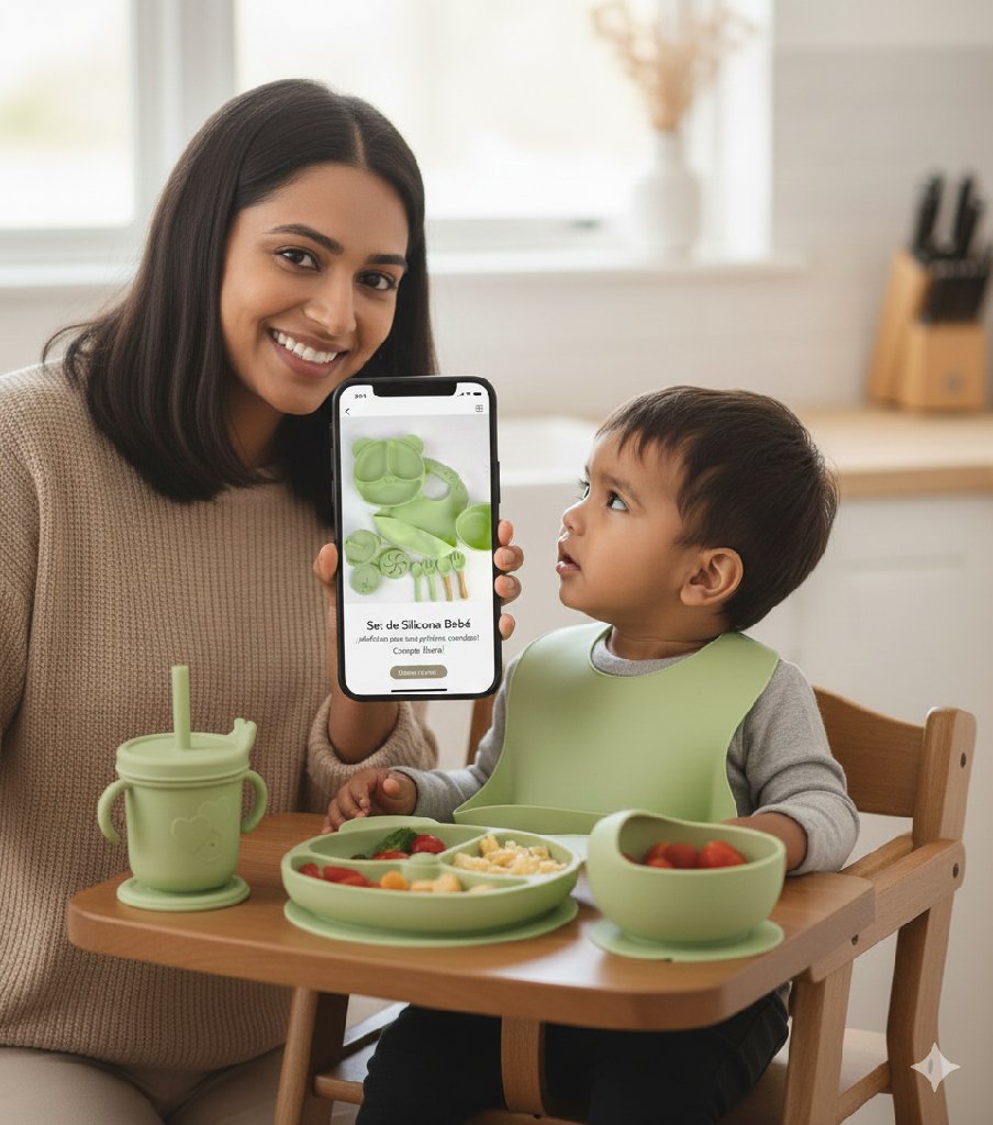 Set Completo de Vajilla de Silicona para Bebé | Diseño de Osito  10 piezas con Plato Dividido, Babero, Vaso y Cubiertos | Libre de BPA | Antideslizante y de Succión | Destete BLW.