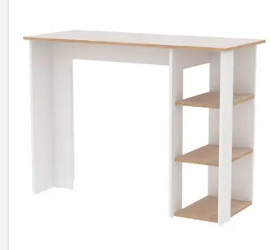 ​Mesa Alta Tipo Barra Desayunador | Diseño Compacto con 3 Niveles de Estantería Lateral | Escritorio Multiusos con Almacenamiento | Estilo Moderno Bicolor Blanco y Madera.