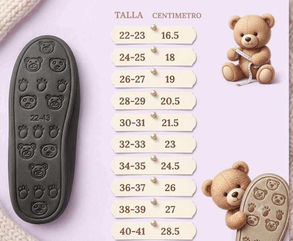 Tabla de medidas pantufla Bordada y Sublimada