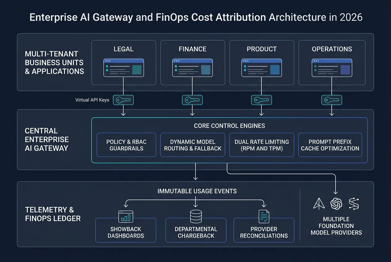 Enterprise AI Gateway and FinOps Cost Attribution Architecture Diagram showing virtual keys, central gateway policy engines, rate limiting, prompt cache optimization, and departmental chargeback ledger.