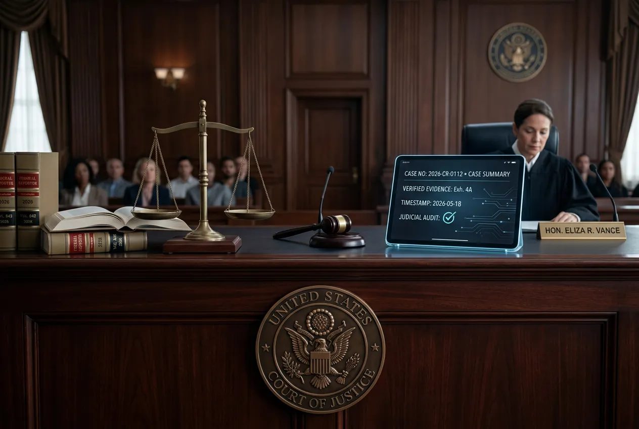 Federal courtroom judicial bench with scales of justice and digital document certification audit display for 2026 AI court standing orders