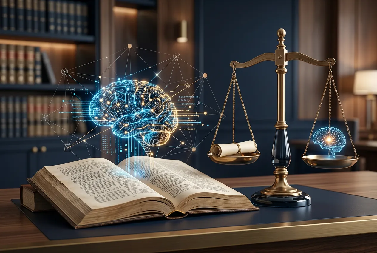 Editorial illustration of an open law book juxtaposed with digital neural network structures and scales of justice representing AI fair use litigation