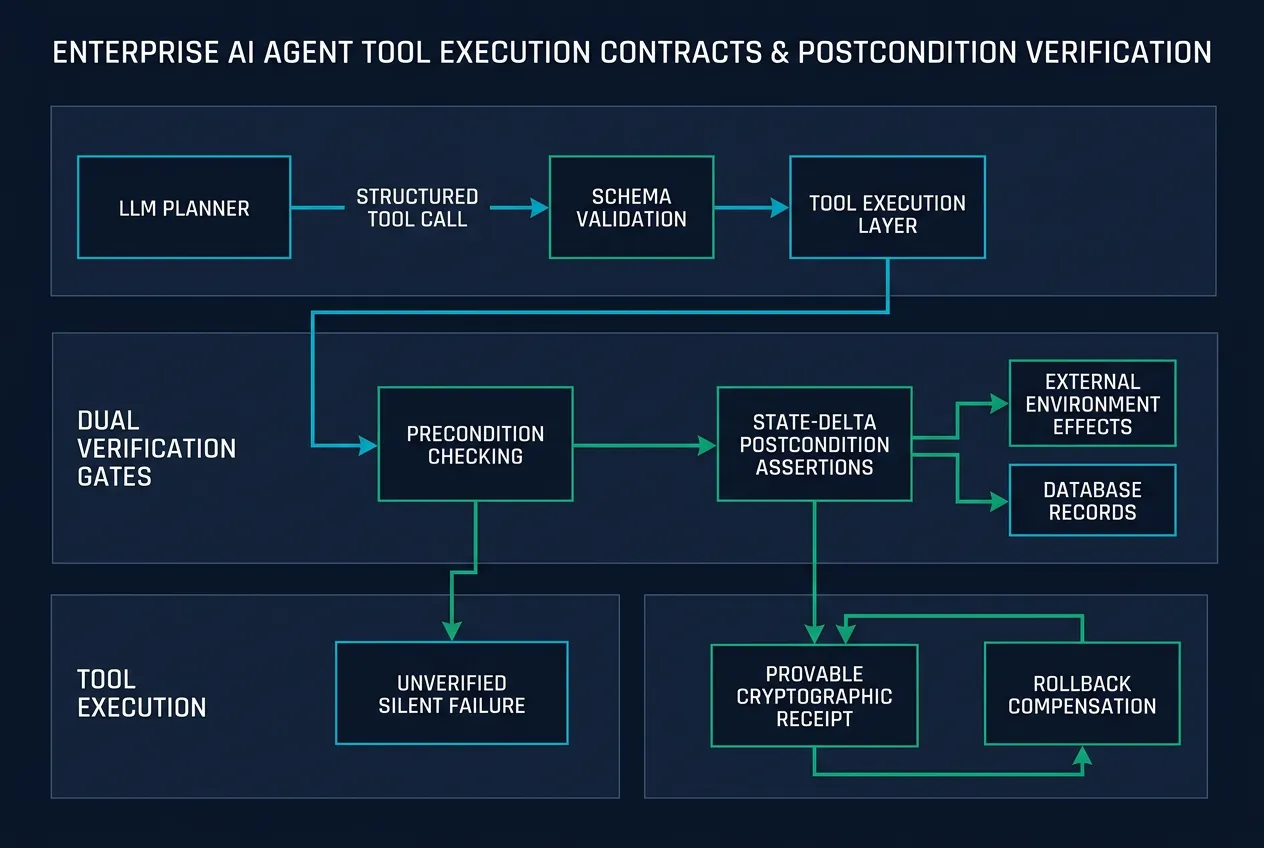 Architectural diagram comparing schema-only tool calling with rigorous state-delta postcondition verification in agentic systems