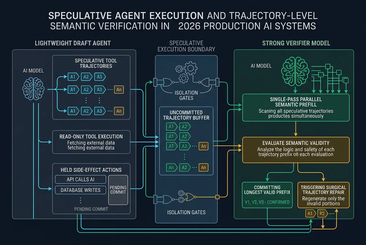 Architectural technical diagram of speculative agent execution and trajectory-level semantic verification in production AI systems, showing draft speculation, side-effect holding buffers, parallel verification prefill, and surgical prefix commit.