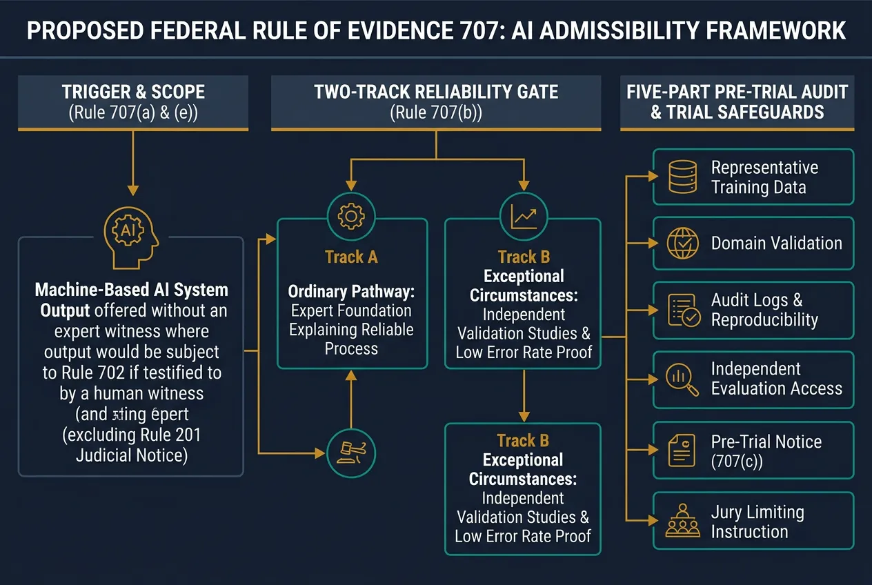 Diagram of Proposed Federal Rule of Evidence 707 showing the trigger and scope under subsections (a) and (e), the two-track reliability gate under subsections (a) and (b), and the five-part pre-trial audit and trial safeguards.