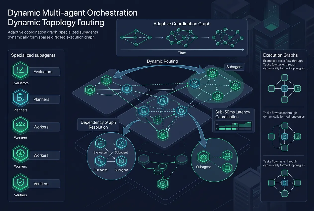 Dynamic multi-agent orchestration architecture diagram showing adaptive task-dependency graph routing and sparse coordination topologies in production AI engineering