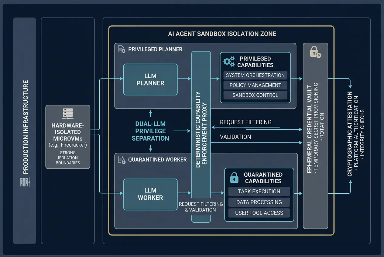 Architectural topology diagram of production AI agent sandbox isolation showing microVM execution, dual-LLM privilege separation, and deterministic capability enforcement proxies.