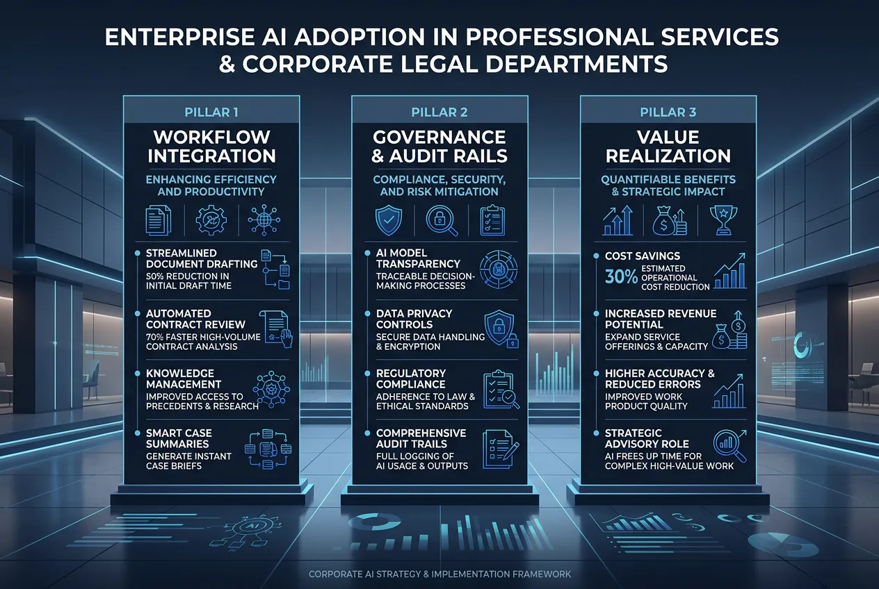 Three pillars of enterprise AI implementation in corporate legal and professional services: Workflow Integration, Governance and Audit Rails, and Value Realization.