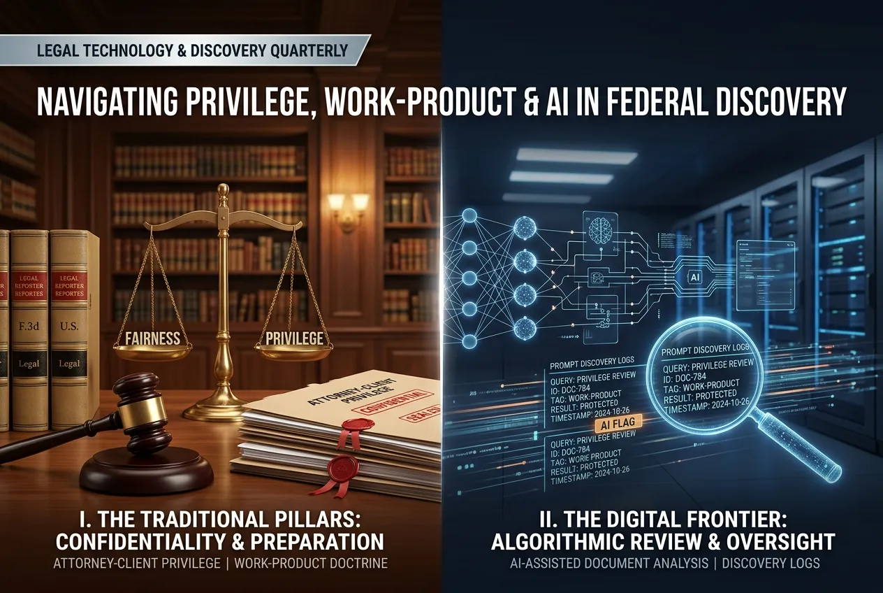 Editorial split graphic of courtroom justice symbols juxtaposed with digital discovery logs and AI privilege analysis