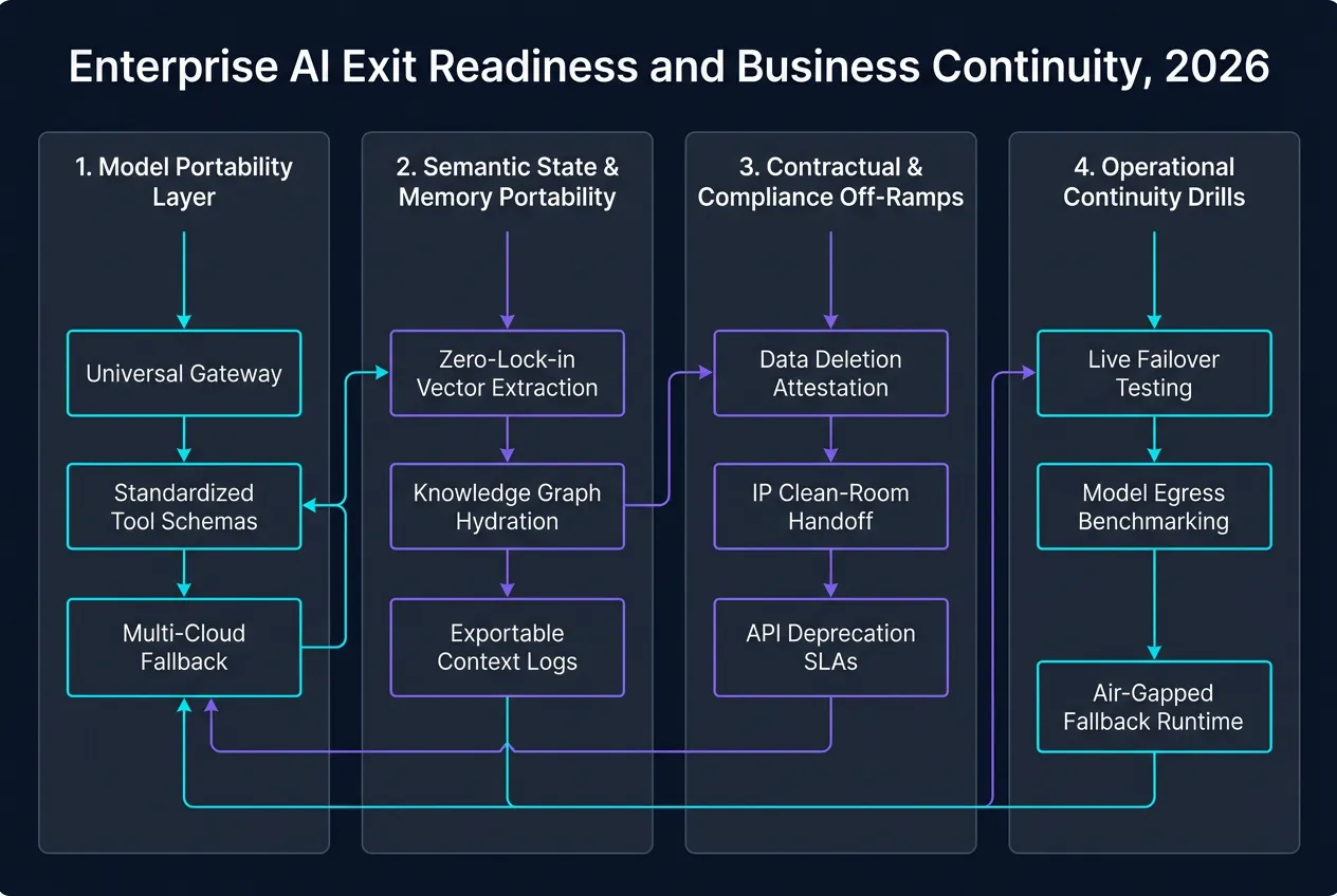 Technical architectural framework diagram for Enterprise AI Exit Readiness and Business Continuity in 2026 showing Model Portability, Semantic Memory Portability, Contractual Off-Ramps, and Operational Continuity Drills.