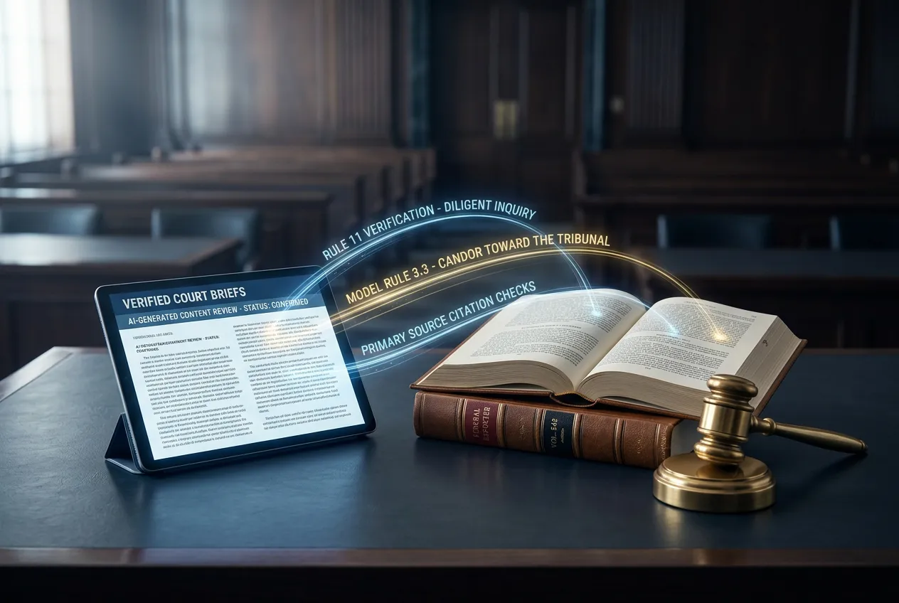 Judicial gavel, legal reporter volume, and glowing digital tablet displaying verified legal citations under Federal Rule of Civil Procedure 11