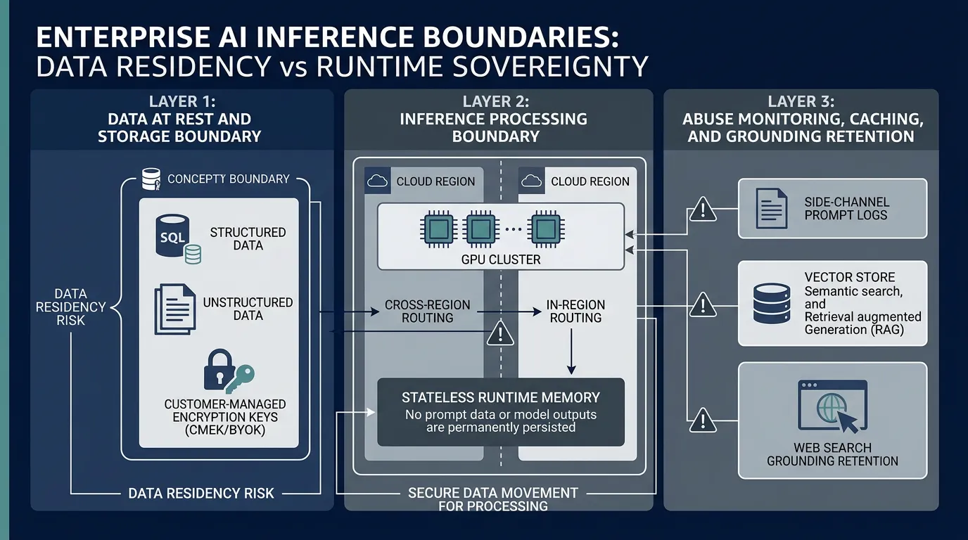 Architectural diagram contrasting Enterprise AI Inference Boundaries across storage, runtime GPU execution, and side-channel retention layers