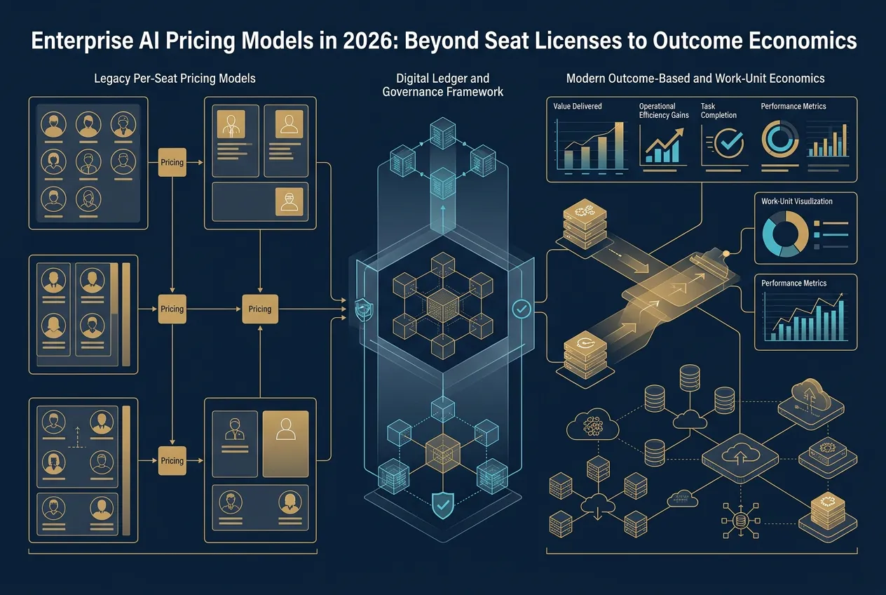 Architectural illustration of enterprise AI pricing transitions from per-seat SaaS licenses to outcome-based work-unit economics with governance checkpoints and cost controls.