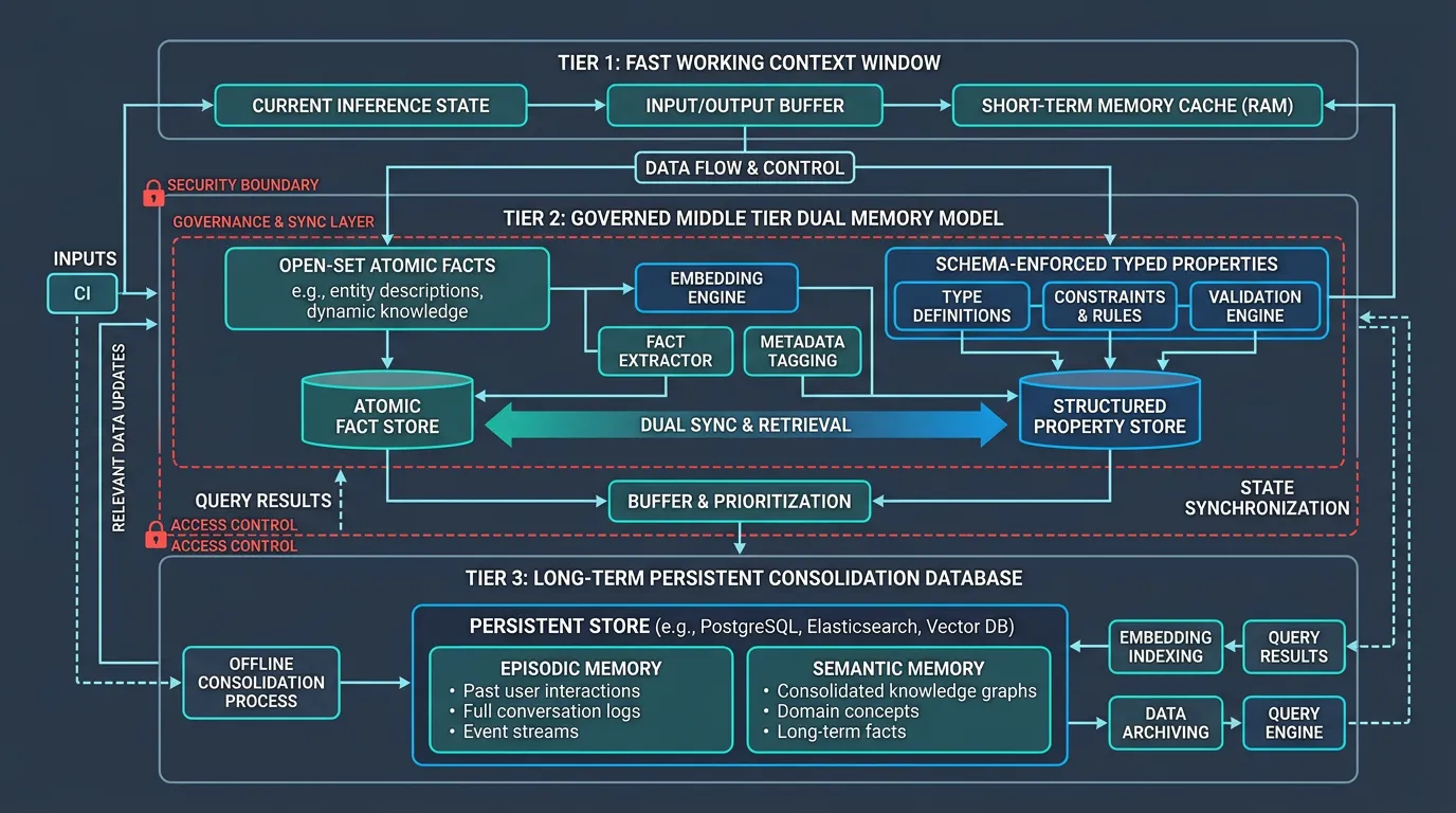 Technical systems engineering diagram of a production hierarchical agent memory architecture illustrating a three-tier model: working context, dual governed memory tier with atomic facts and schema-enforced properties, and long-term episodic consolidation storage.