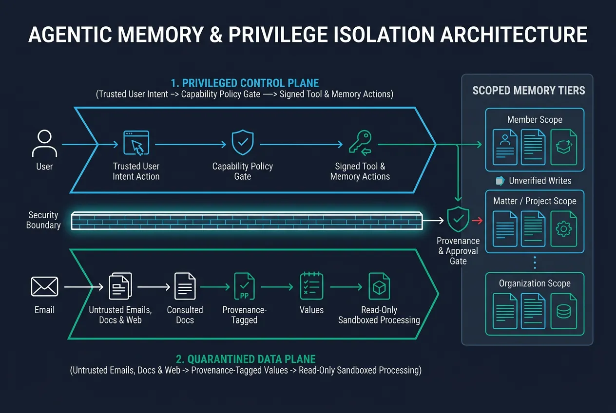 Architecture diagram of Agentic Memory and Privilege Isolation showing a Privileged Control Plane separated from a Quarantined Data Plane, feeding into Provenance-Tagged Scoped Memory Tiers (Member, Matter/Project, and Organization).