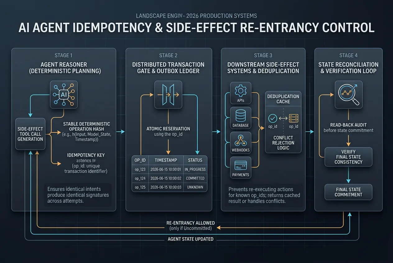 Technical architectural diagram illustrating agent idempotency keys, atomic outbox pattern, side-effect deduplication, and read-back state reconciliation for production AI agents in 2026.