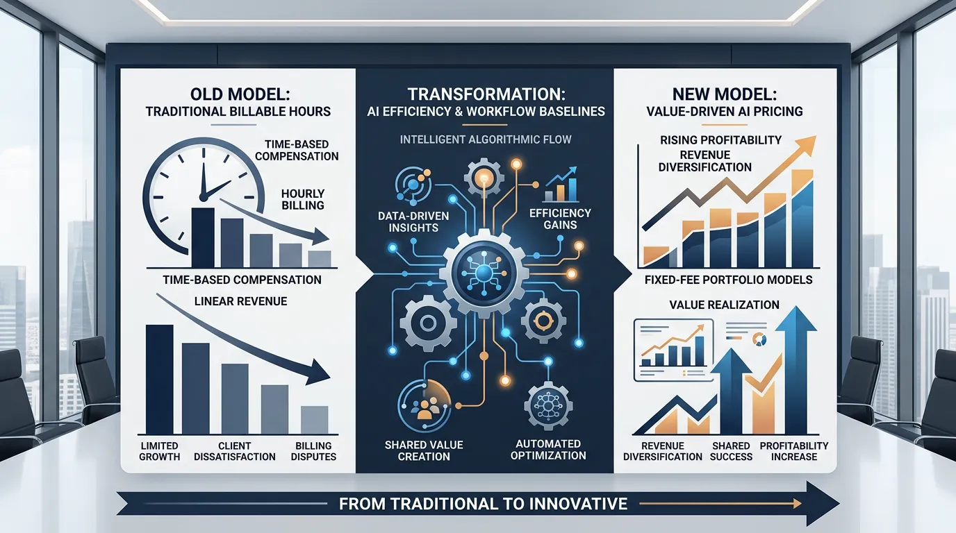 Editorial infographic illustrating enterprise AI implementation, the shift from billable hours to alternative fee arrangements, and data-backed value realization models.