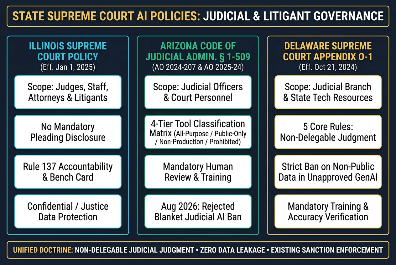 Comparative architectural diagram of State Supreme Court AI Policies across the Illinois Supreme Court Policy on Artificial Intelligence, the Arizona Code of Judicial Administration Section 1-509 and August 2026 Rule 135 denial, and the Delaware Supreme Court Appendix O-1 Interim Policy on GenAI.