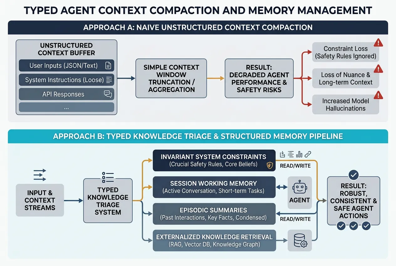 Technical architecture diagram illustrating typed agent context compaction versus unstructured context compression in production AI systems.