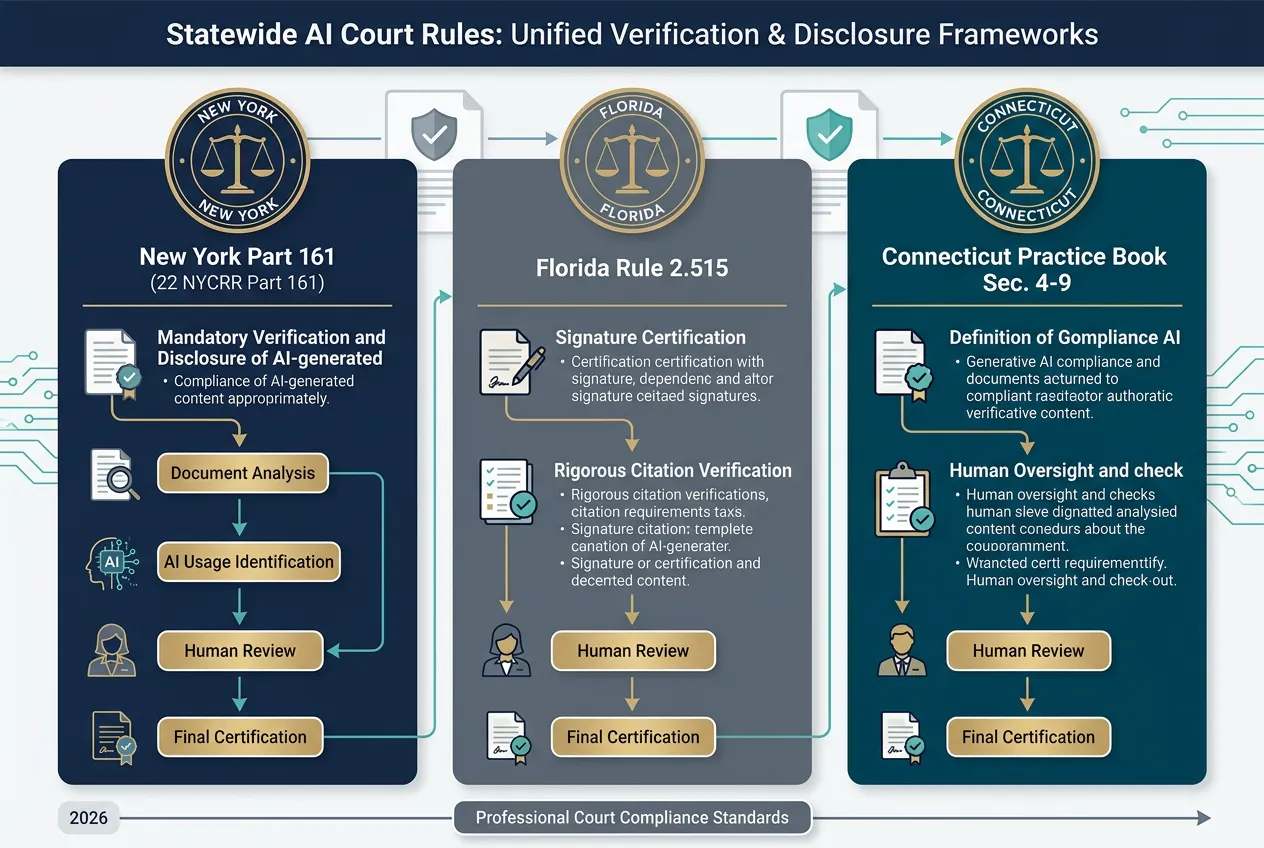 Statewide AI Court Rules: Comparative analysis of New York 22 NYCRR Part 161, Florida Rule 2.515, and Connecticut Practice Book Sec. 4-9