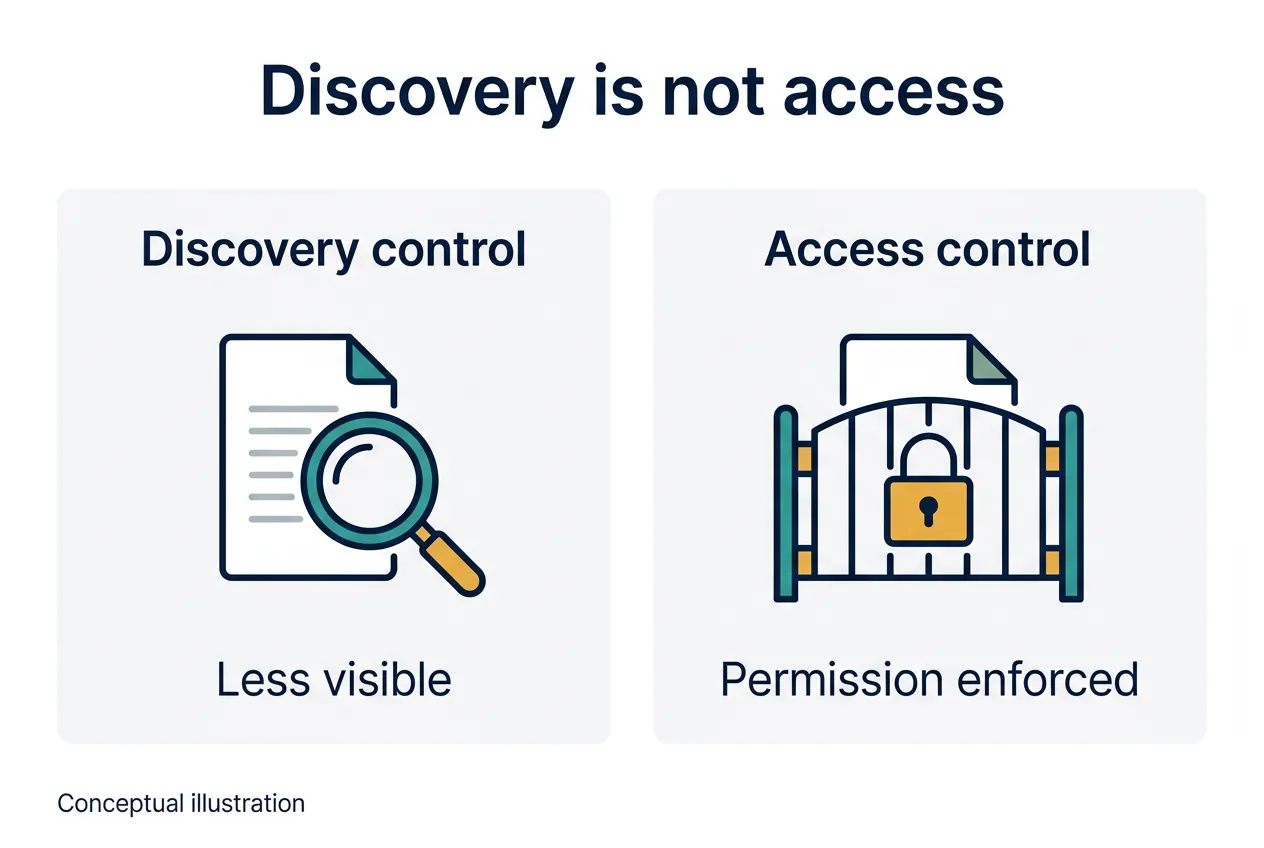 Conceptual diagram contrasting reduced discovery through search with a locked gate enforcing access permissions.