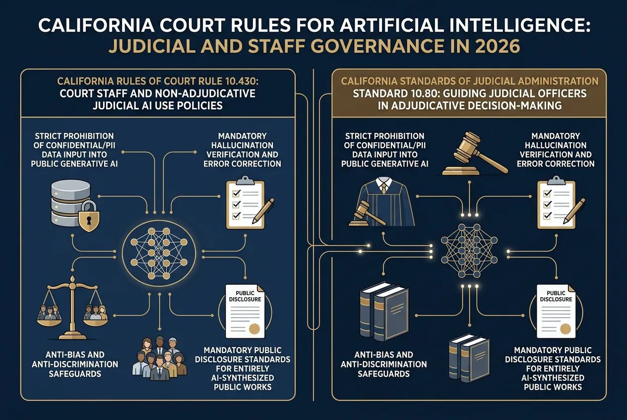 Architectural diagram comparing California Rules of Court Rule 10.430 for court staff and California Standards of Judicial Administration Standard 10.80 for judicial officers in AI governance.