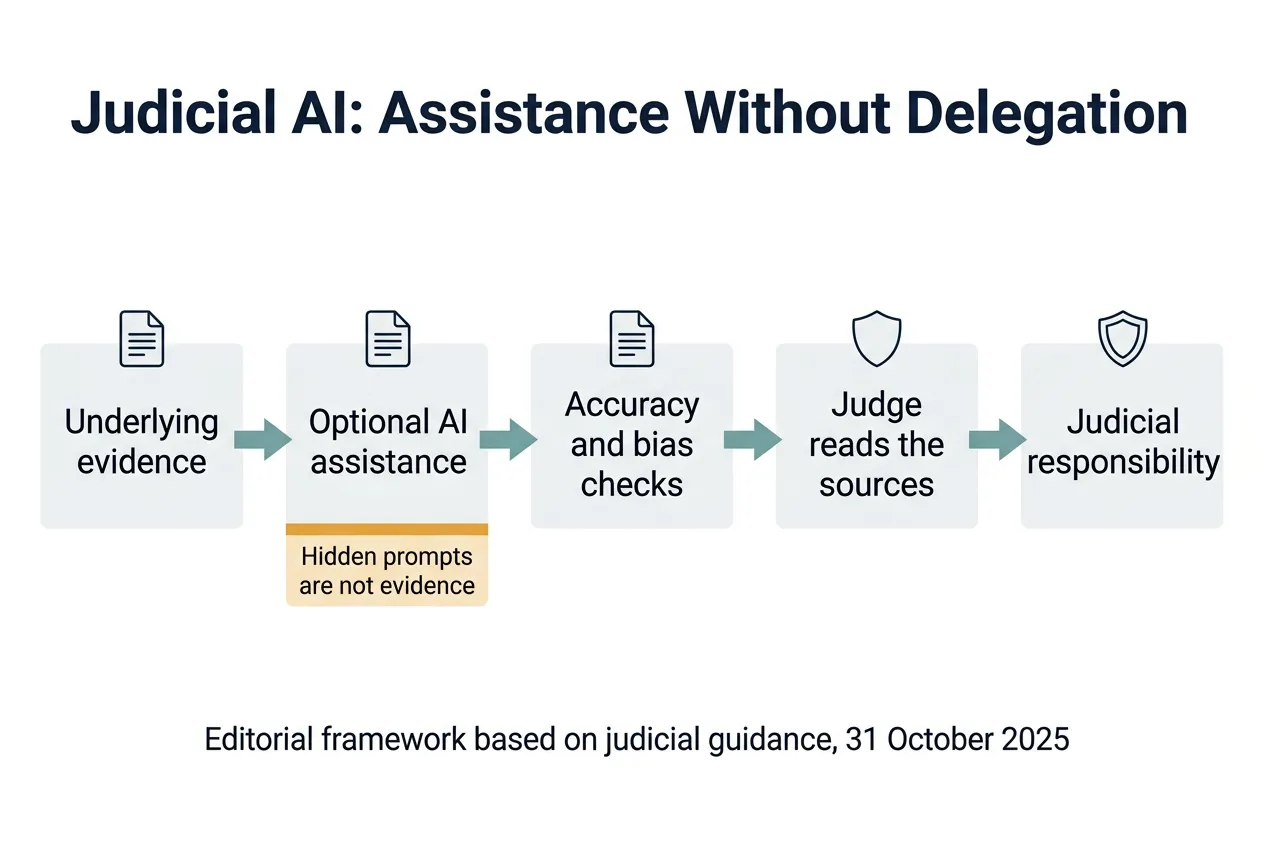 Editorial framework showing underlying evidence, optional AI assistance, verification, direct judicial reading and judicial responsibility, with a warning about hidden prompts.