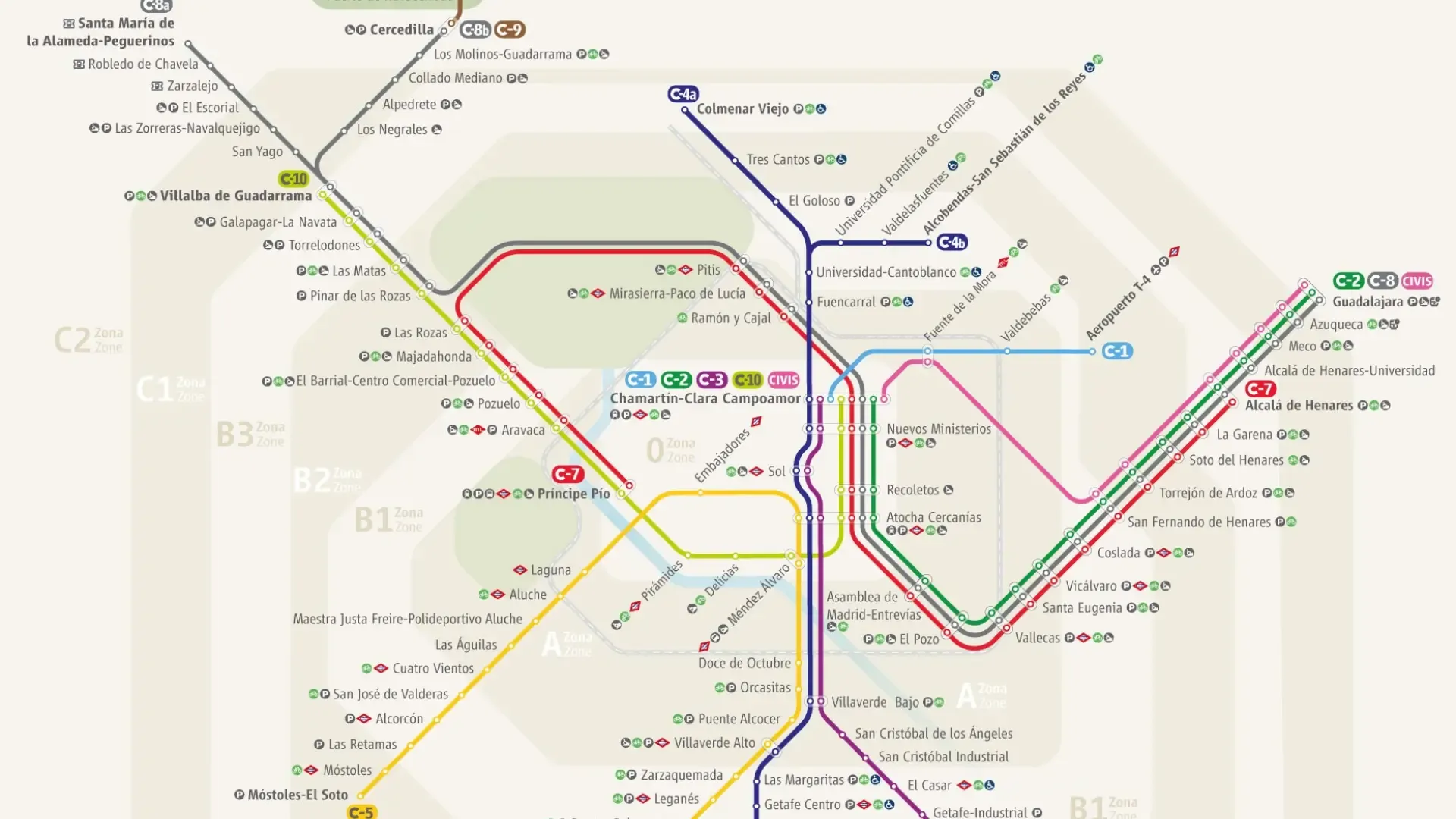 
         El nuevo mapa de Cercanías de Madrid con pictogramas y referencias geográficas 
    