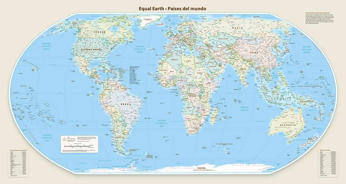 El mapamundi de la Tierra a «tamaño real» con áreas iguales es una proyección distinta del mundo, con datos del dominio público