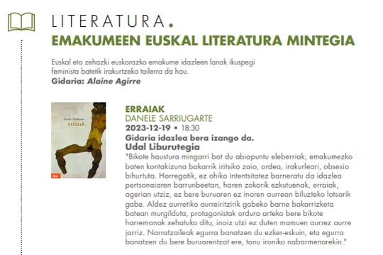 Emakumeen euskal literatura mintegia: "ERRAIAK" (DANELE SARRIUGARTE)