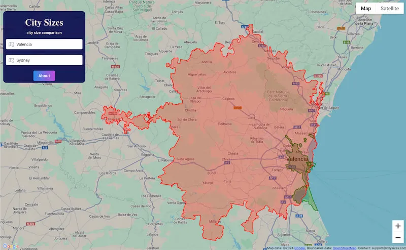 La mejor forma de comparar el tamaño de dos ciudades sobre un mapa: CitySizes