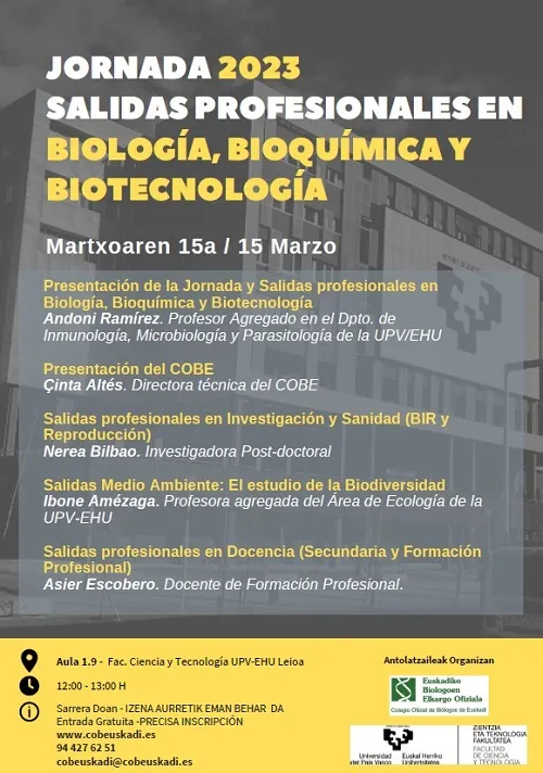 JORNADA "SALIDAS PROFESIONALES EN BIOLOGÍA, BIOQUÍMICA Y BIOTECNOLOGÍA" (15 MARZ 2023)