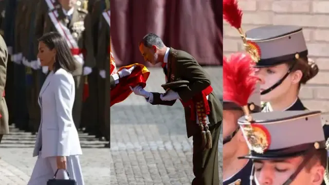 
         Felipe VI jura bandera ante la atenta mirada de Leonor y Letizia en Zaragoza 
    