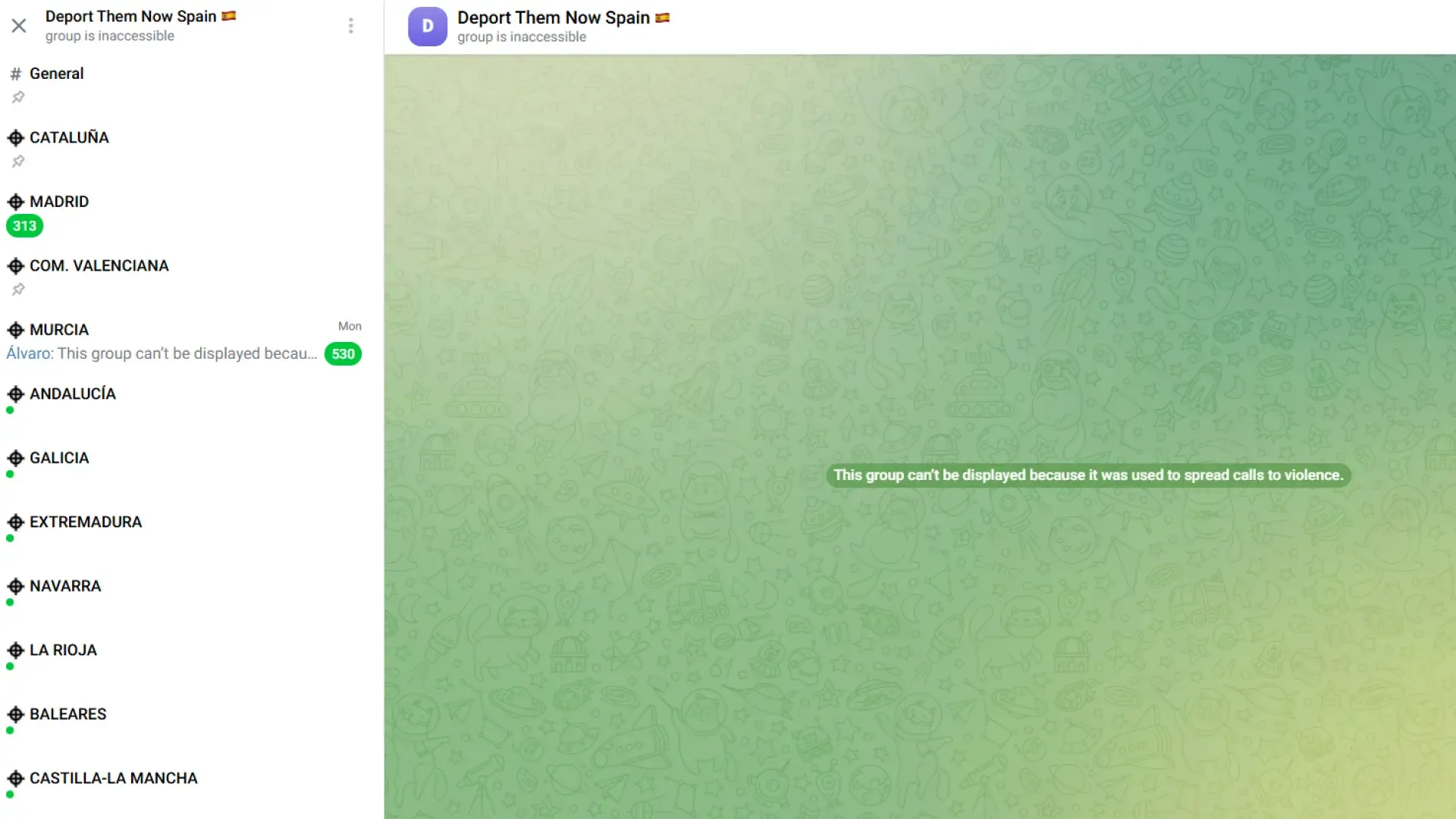
         Telegram cierra el chat 'Deport them now Spain' que llama a "cacerías" en Torre Pacheco este martes 
    