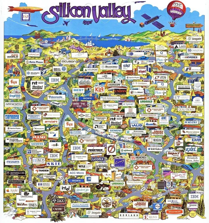 Un precioso plano de Silicon Valley en 1991, con todas las empresas que «no lo consiguieron» y algunas que sí