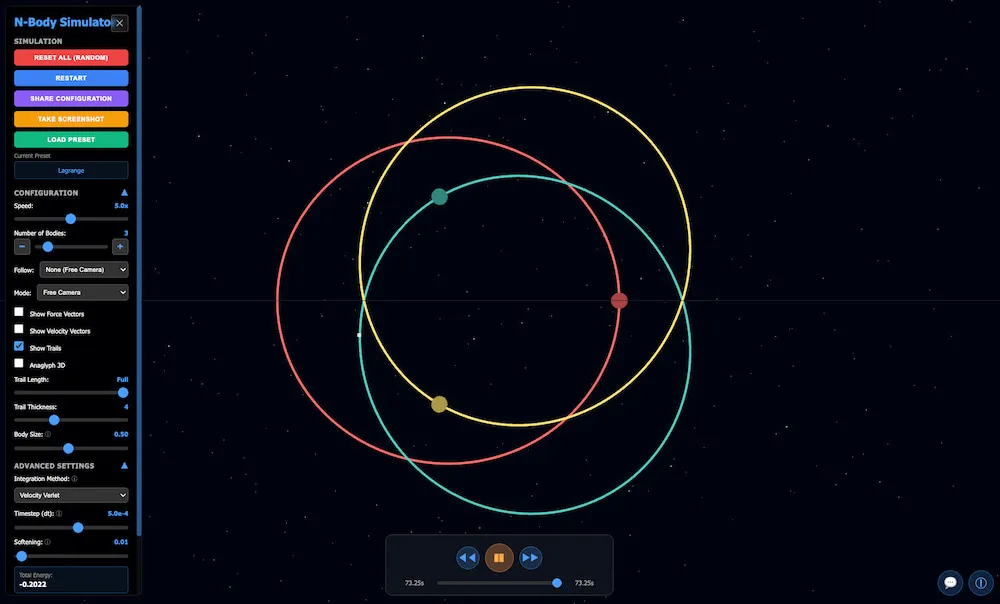 Una fascinante simulación 3D del problema de los tres cuerpos (o «n cuerpos») y su física gravitacional