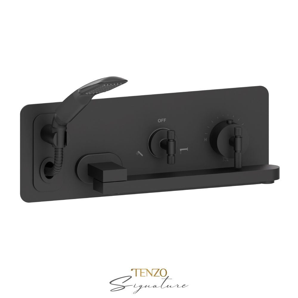 Robinet de bain mural avec boyau rétractable et bec pivotant