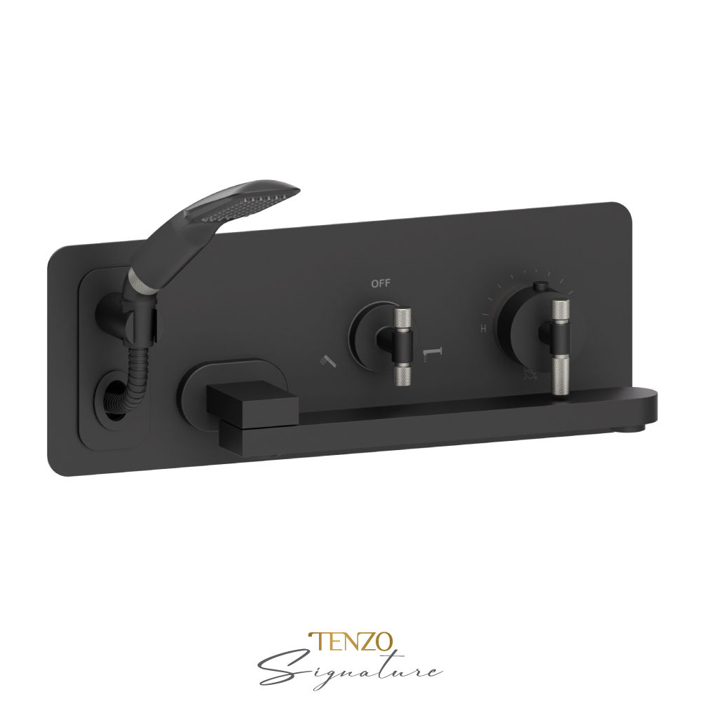 Robinet de bain mural avec boyau rétractable et bec pivotant