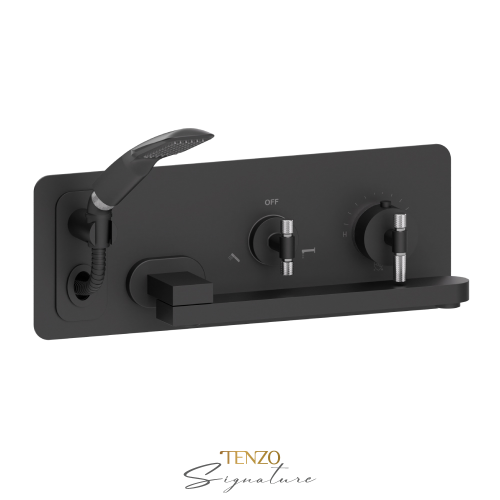 Robinet de bain mural avec boyau rétractable et bec pivotant