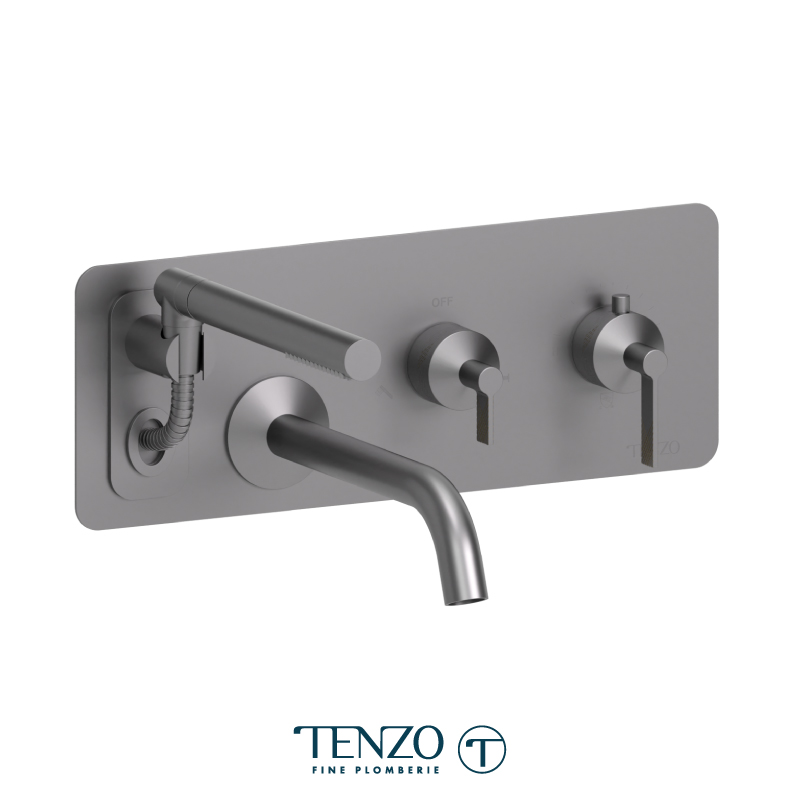Wall mount tub filler with retractable hose, Paloma