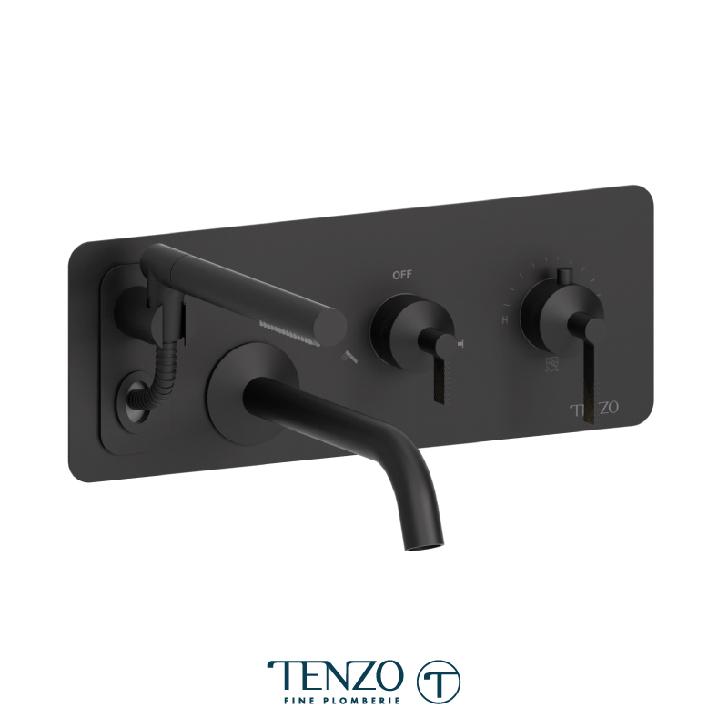 Wall mount tub filler with retractable hose, Paloma