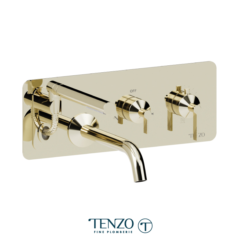 Wall mount tub filler with retractable hose, Paloma