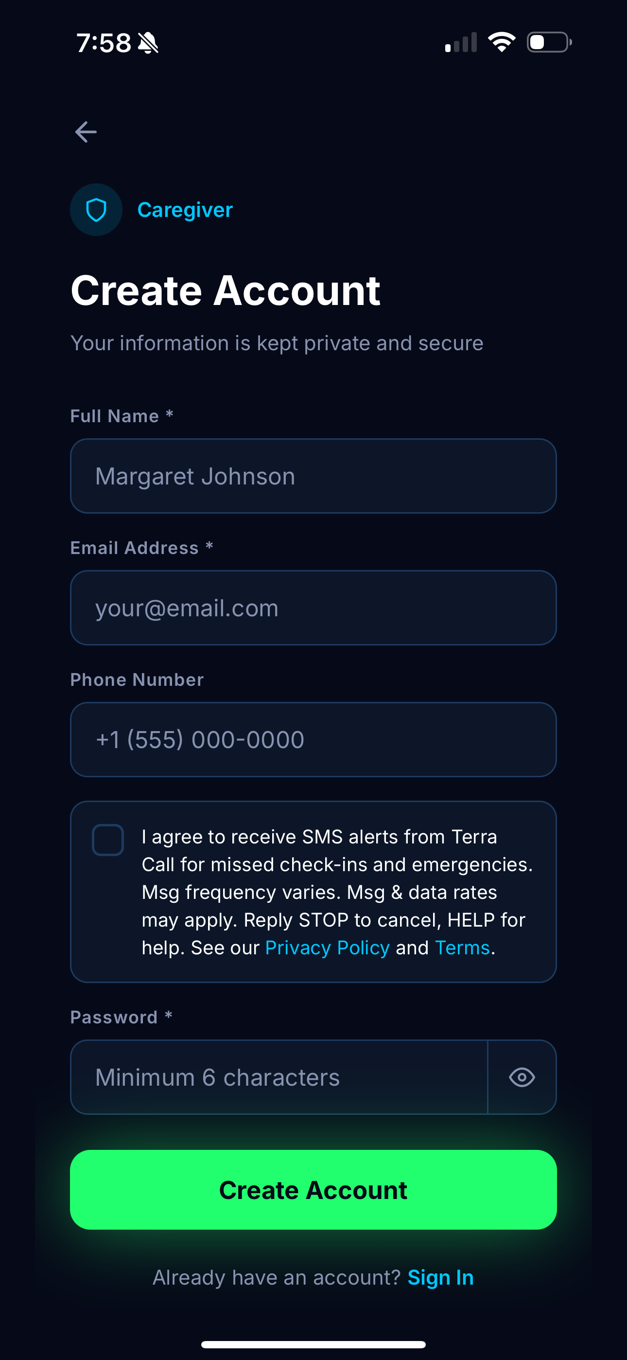 Terra Call registration — SMS consent checkbox unchecked by default