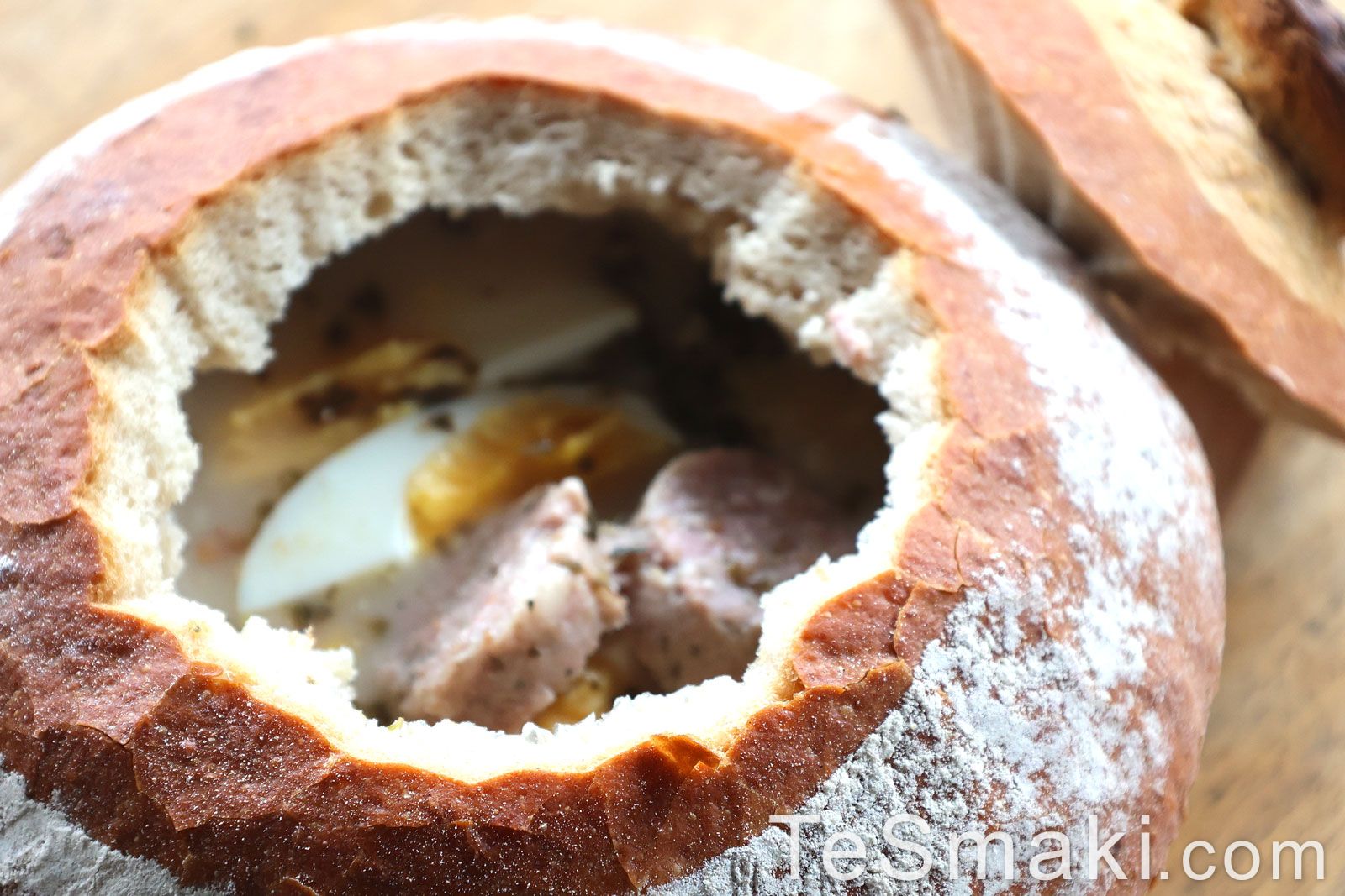 Traditional Polish Sour Rye Soup in Bread with White Sausage and Bacon 2