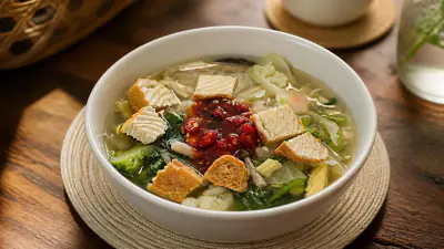 Sukiyaki with stir-fried tofu and mixed vegetables.