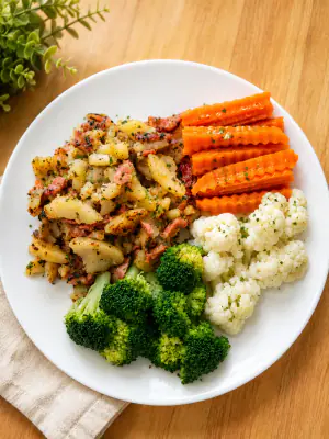 Stir-fried potatoes with boiled vegetables.