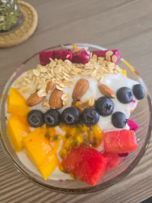 Fruit with coconut yogurt.