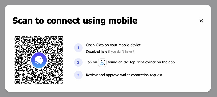 Screenshot of Okto Connect Modal on Desktop